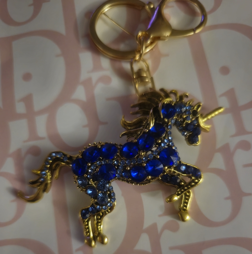 Gold Unicorn Bag Charm/ Brooch/ Keychain with Multicolor Gems New - Picture 2 of 5